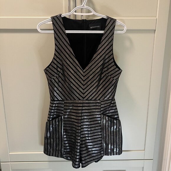 Revolve MINKPINK Size M GLIMMER OF HOPE BLACK SILVER METALLIC STRIPED ROMPER - Picture 3 of 14